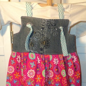 Boutique Style Knot Dress- Children size 6/7 Hot Pink FLOWERS and Recycled Blue Jeans, Vintage style