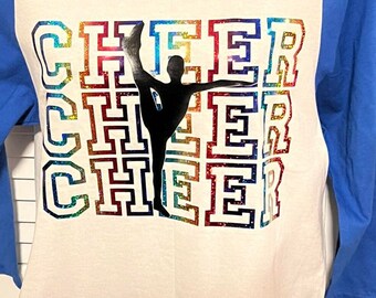 Youth, CHEER CHEER CHEER T-shirt for your favorite Cheerleader, Cheer mom, Cheer fan, Cheer tee in Rainbow Holo vinyl and choice of poses!