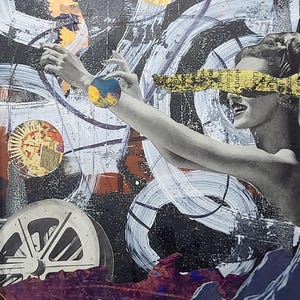 May include: A collage artwork featuring a woman's hand reaching out, a wheel, and a mountain range. The background is a dark, abstract design with white and yellow paint strokes. The text "What does nature do when she turns" is at the bottom of the image.