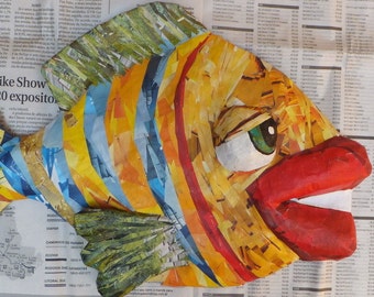 Fish dreamer wall decoration made from paper mache and collage