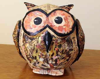 Paper Mache Piggy Bank, Owl Money Bank, Handmade Bank