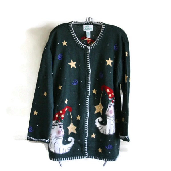 Holiday Sweater Ugly Christmas Sweater, Santa, Man in The Moon, Stars, Green Cardigan,  Size L by The Quacker Factory