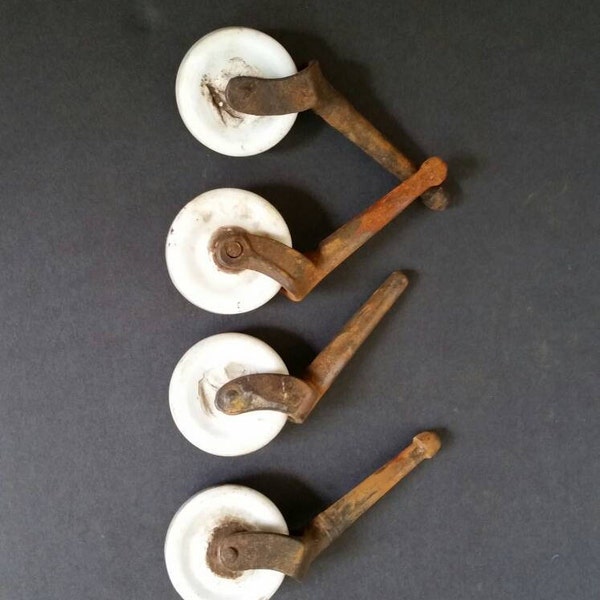 Porcelain casters, vintage wheels, lot of 4 white porcelain casters, antique porcelain wheels, furniture wheels, 1900s casters