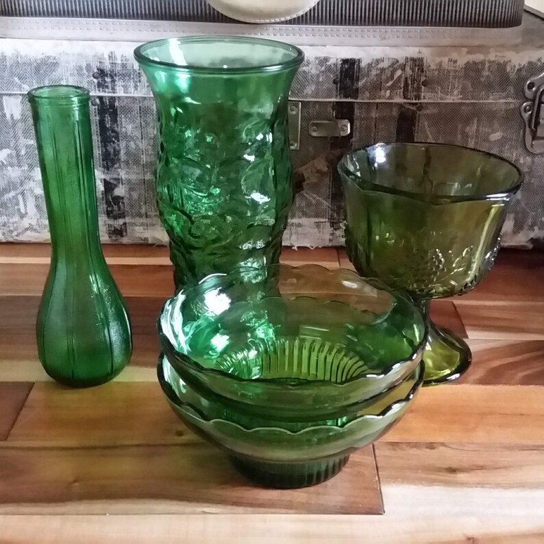 Vintage Emerald Green Glass Vases And Bowls 1950s Eo Brody Etsy
