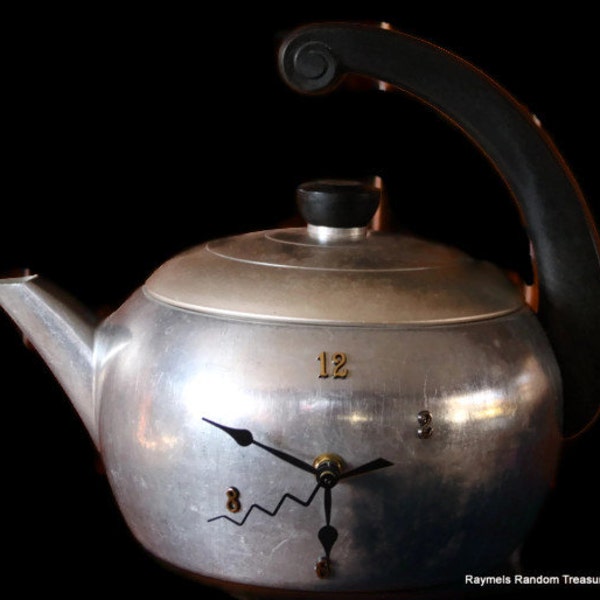 Kitchen Clock, Tea Kettle, Vintage, Art Deco, Wear Ever, Aluminum, Re-purposed