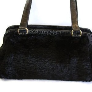 Vintage black purse, large purse, faux fur purse, faux alligator, patent leather look purse, tassel purse