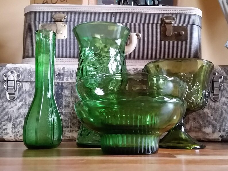 Vintage Emerald Green Glass Vases And Bowls 1950s Eo Brody Etsy