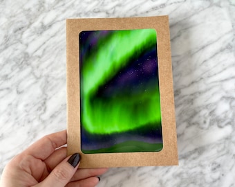 Notecard, Northern Lights Art Card, Aurora Borealis Card, Northern Lights Print,  Christmas Card, Night Sky Card, Indigenous Art, Inuit Art