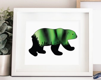 Aurora Borealis Bear Print: Northern Lights Wall Art (8x10)