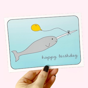 Carte d'anniversaire narval, cadeau d'anniversaire pour tous les âges, thème océan, carte d'anniversaire baleine