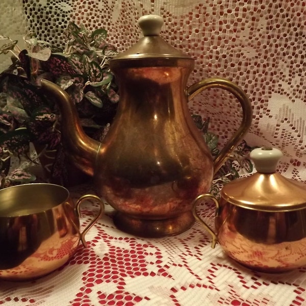 Vintage Rustic Copper Plated ODI Teapot, Cream and Sugar for Decor or Up- Cycling, Shabby Chic Tea Set