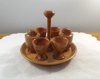 Vintage  Wooden Tray with Salt and Pepper and 4 Egg Cups for the Minimalist Nature Lover