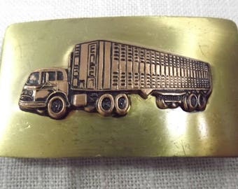 Distressed Vintage Semi and Trailer Hauler Brass Belt Buckle, Big Truck Belt Buckle for a Big Trucker