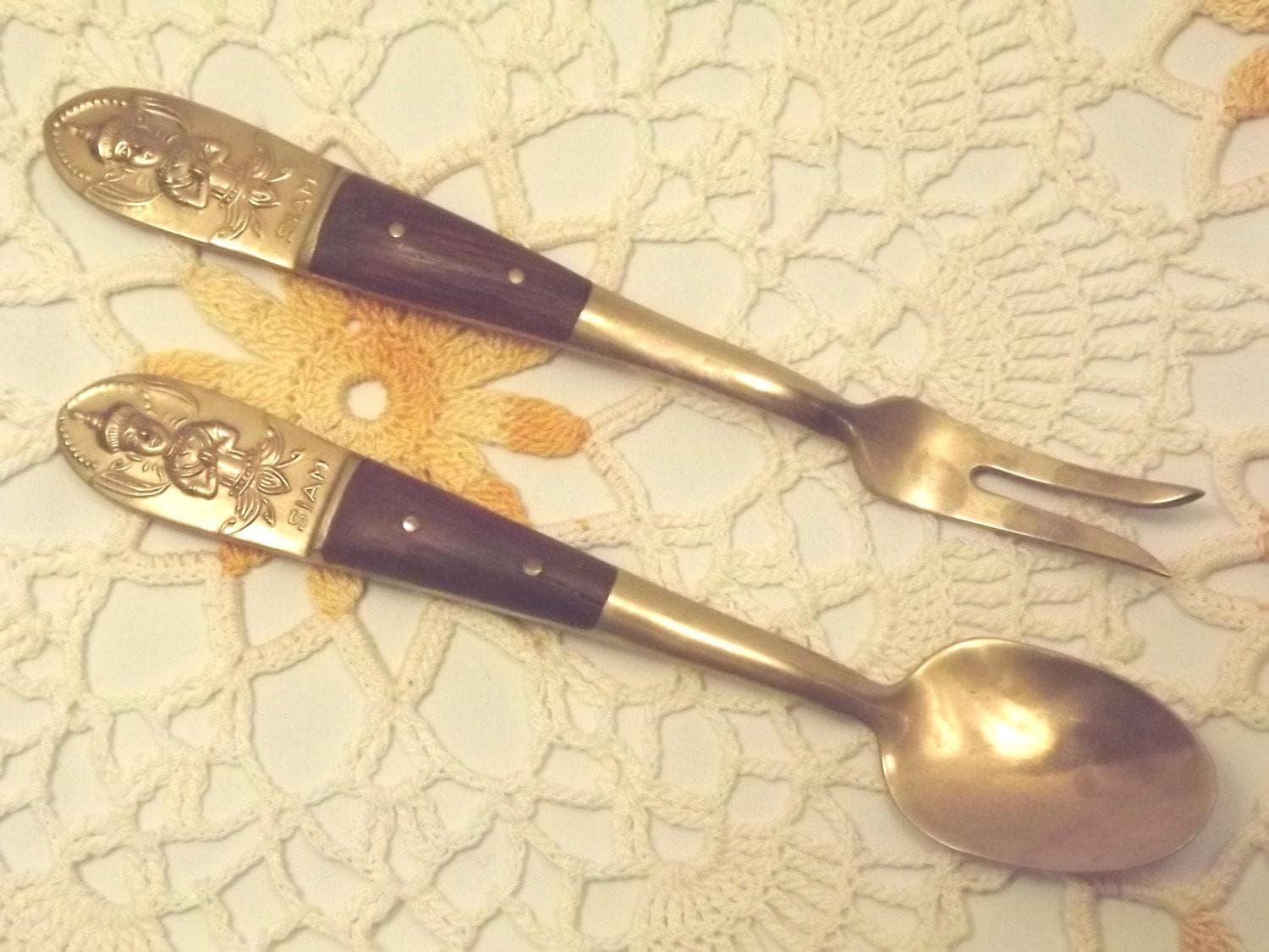 Vintage SIAM Thailand Brass and Wood Serving Fork and Spoon