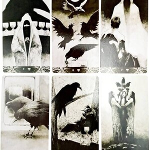 May include: A set of 9 tarot cards featuring black and white illustrations of crows, figures, and symbols. The cards are numbered 3 through 9 and have a cup symbol in the bottom right corner.