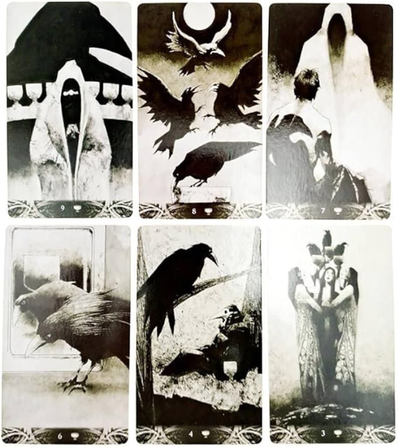 May include: A set of 9 tarot cards featuring black and white illustrations of crows, figures, and symbols. The cards are numbered 3 through 9 and have a cup symbol in the bottom right corner.