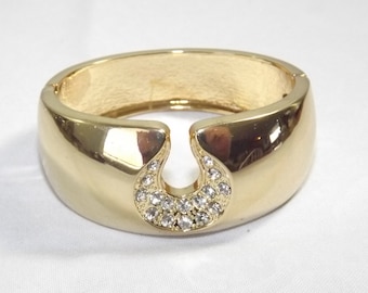Vintage Rhinestone and Gold Tone Wide Cuff, Hinged Bracelet