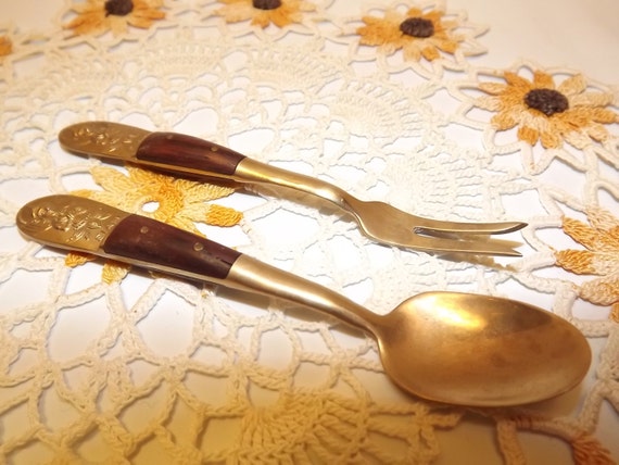 Vintage SIAM Thailand Brass and Wood Serving Fork and Spoon Set