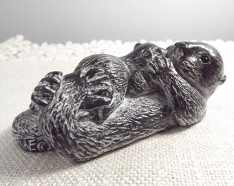Wolf Original Composite Soapstone Sculpture Floating Sea Otter And Baby Figurine Paperweight, Hand Made in Canada