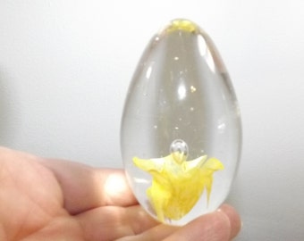 Vintage Clear Glass Egg Paperweight with Yellow Floral Insert Murano Style