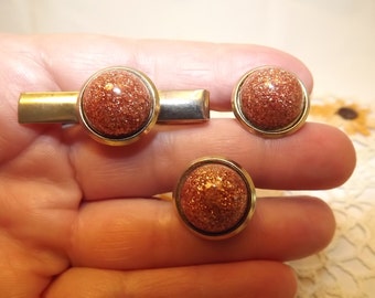 Copper Glitter Dome Cuff links and Tie Pin, Gorgeous Glittery Glam for your Vintage Wardrobe