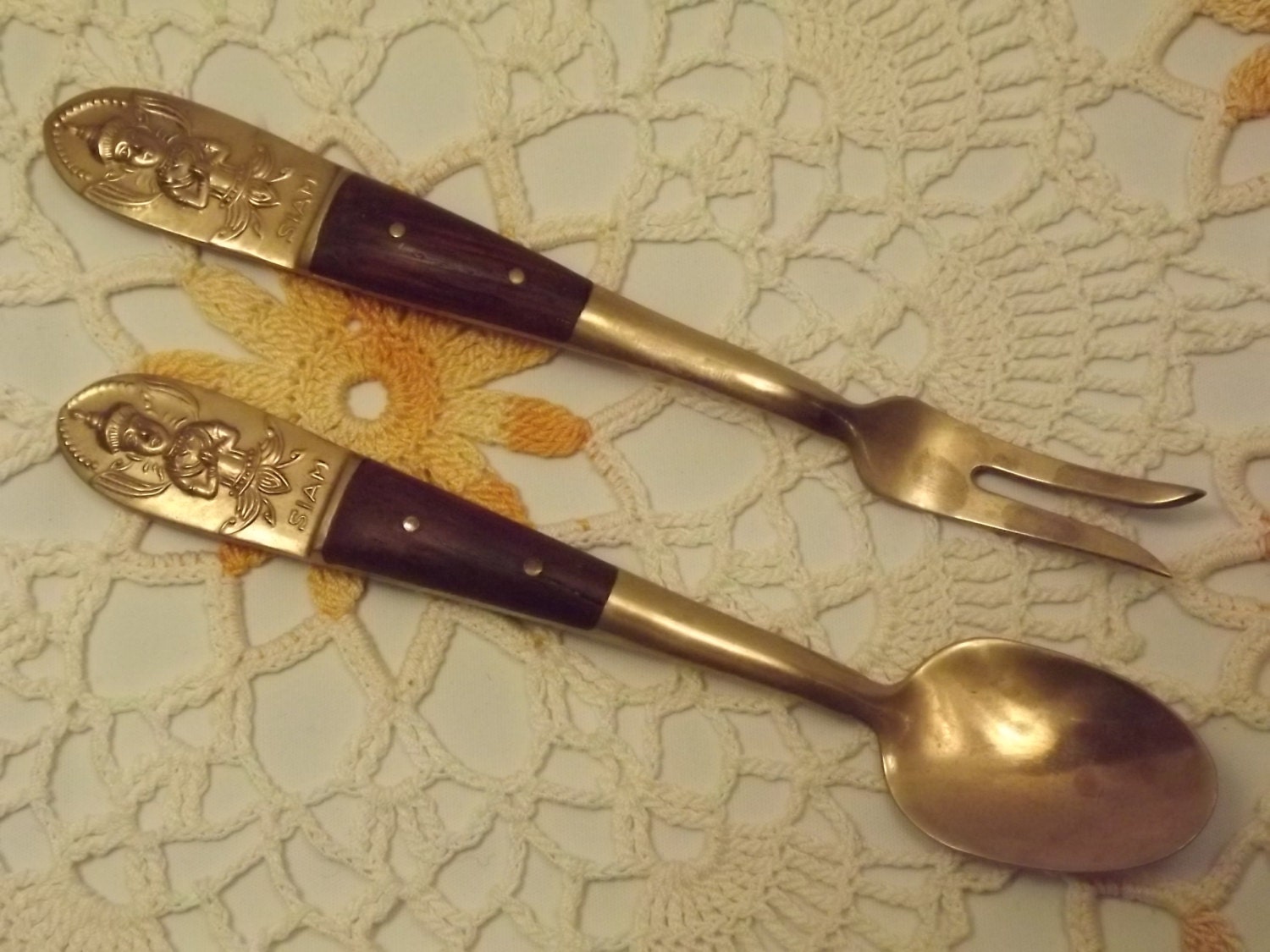 Vintage SIAM Thailand Brass and Wood Serving Fork and Spoon Set