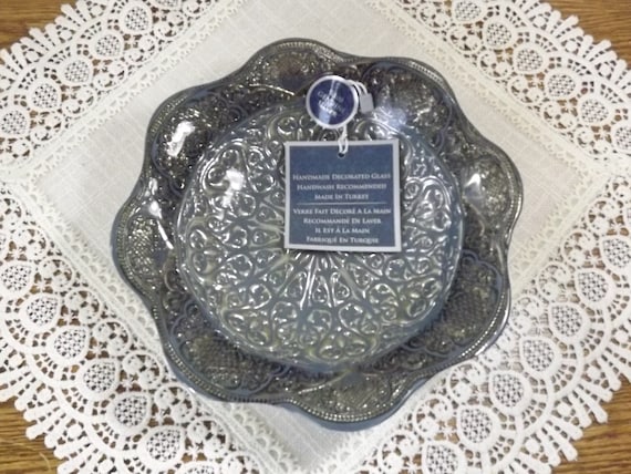 Azzurra Handmade 100 Percent Silver Decorated Art Glass Bowl, Turkey