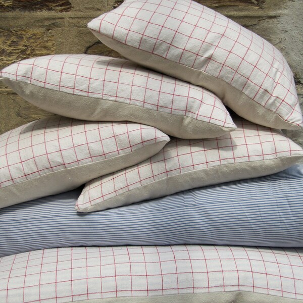 vintage French check linen with silk noil backing cushion / pillow. 43 x 33cm / 17 x 13''