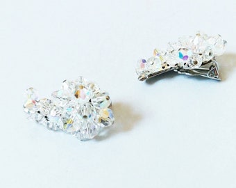 1950s Aurora Borealis Clear Crystal Bead Ear Climber Earrings | Vintage 50s Kidney Shape Clip Ons | Women's Formal Bridal Wedding Jewelry