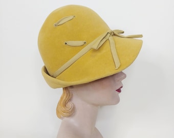 1960s Mustard Yellow Cloche | Vintage 60s Adolfo Felted Wool Brimmed Hat | Women's Fall Hats