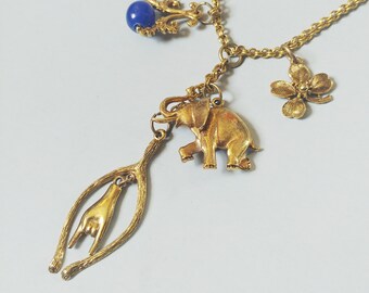 1970s ART Lucky Charm Necklace | Vintage 70s Victorian Revival Gold Hand Necklace | Women's Costume Jewelry