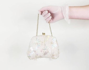 1950s Encore White Beaded Sequin Purse | Vintage 50s Formal Handbag | Women's Wedding Bridal Accessories