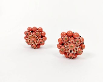 1960s Coral Bead Bobble Clip Ons | Vintage 60s Melon Orange Gold Bauble Beaded Earrings | Women's Costume Jewelry