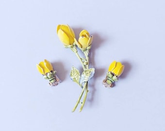 Vintage Coro Enamel Rose Brooch and Clip On Earrings Set