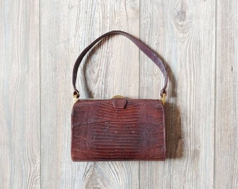 1950s Lizard Skin Handbag | Vintage 50s Brown Reptile Purse | Women's Accessories