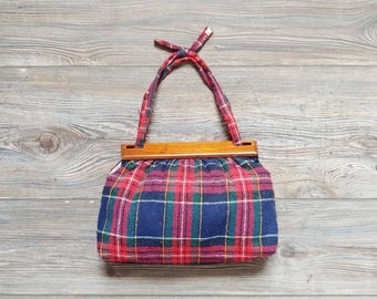 1970s Red Plaid Handbag | Vintage 70s Wood Frame Purse | Women's Handbags Accessories