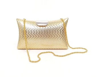 1970s Metal Shell Purse | Vintage 70s Woolf Brothers Gold Convertible Shoulder Bag Clutch | Women's Formal Disco Handbag Accessories