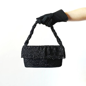1940s Black Glass Bead Cloth Fringe Purse | Vintage 40s Twisted Rope Handle Formal Evening Bag