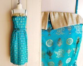 1950s Chinese Silk Satin Brocade Wiggle Dress Vintage 50s Aqua and Gold Oriental Print Spaghetti Strap Sheath Dress Women 39 s Formal Small