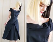 1950s Black Gabardine Cocktail Dress Vintage 50s Short Sleeve Fit n Flare Evening Dress Women 39 s Clothing Medium 28 Waist