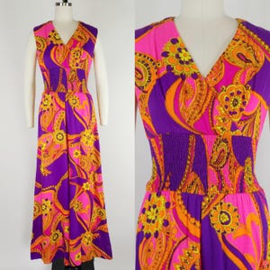 1960s Sun Fashions Hawaii Barkcloth Jumpsuit | Vintage 60s Hawaiian Psychedelic Wide Leg Jumpsuit