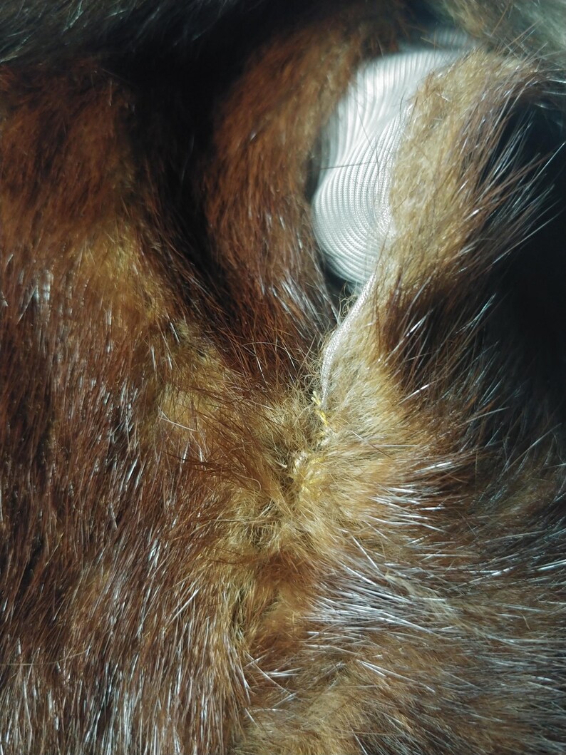 May include: Close-up of brown fur with lighter brown and white highlights. The fur has a soft, dense texture. A white, circular fabric is visible in the background, adding contrast to the fur's natural tones. The image highlights the texture and color variations.