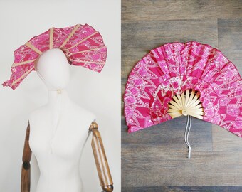 1960s Collapsible Beach Hat | Vintage 60s Pink Red Batik Visor | Womens Brimmed Sun Hat