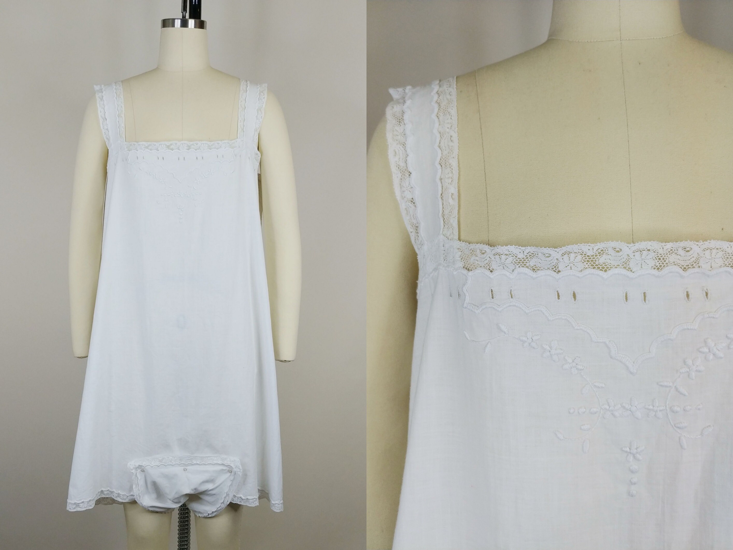 Victorian White Cotton Combination Bloomers | Antique Edwardian 1900s 1910s White Chemise Drawers | Women's Onesie Large