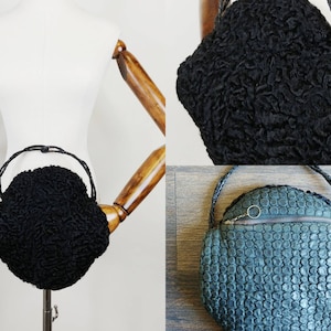 1930s Black Curly Lamb Fur Muff Purse | Vintage 30s Round Handwarmer | Women&#39;s Winter Accessories