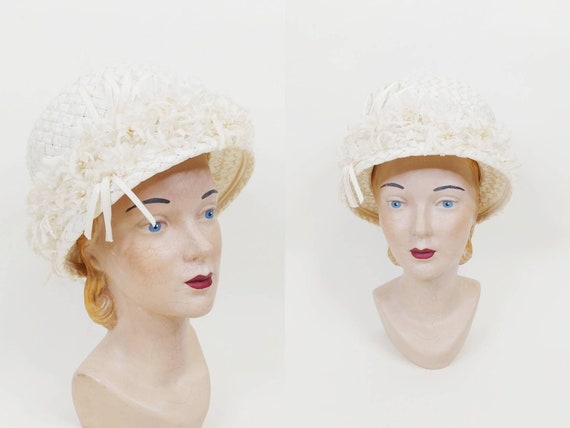 1960s Cream Woven Raffia Flowerpot Hat Vintage 60s White Floral Bucket Hat  Womens Spring Summer Hat Small 