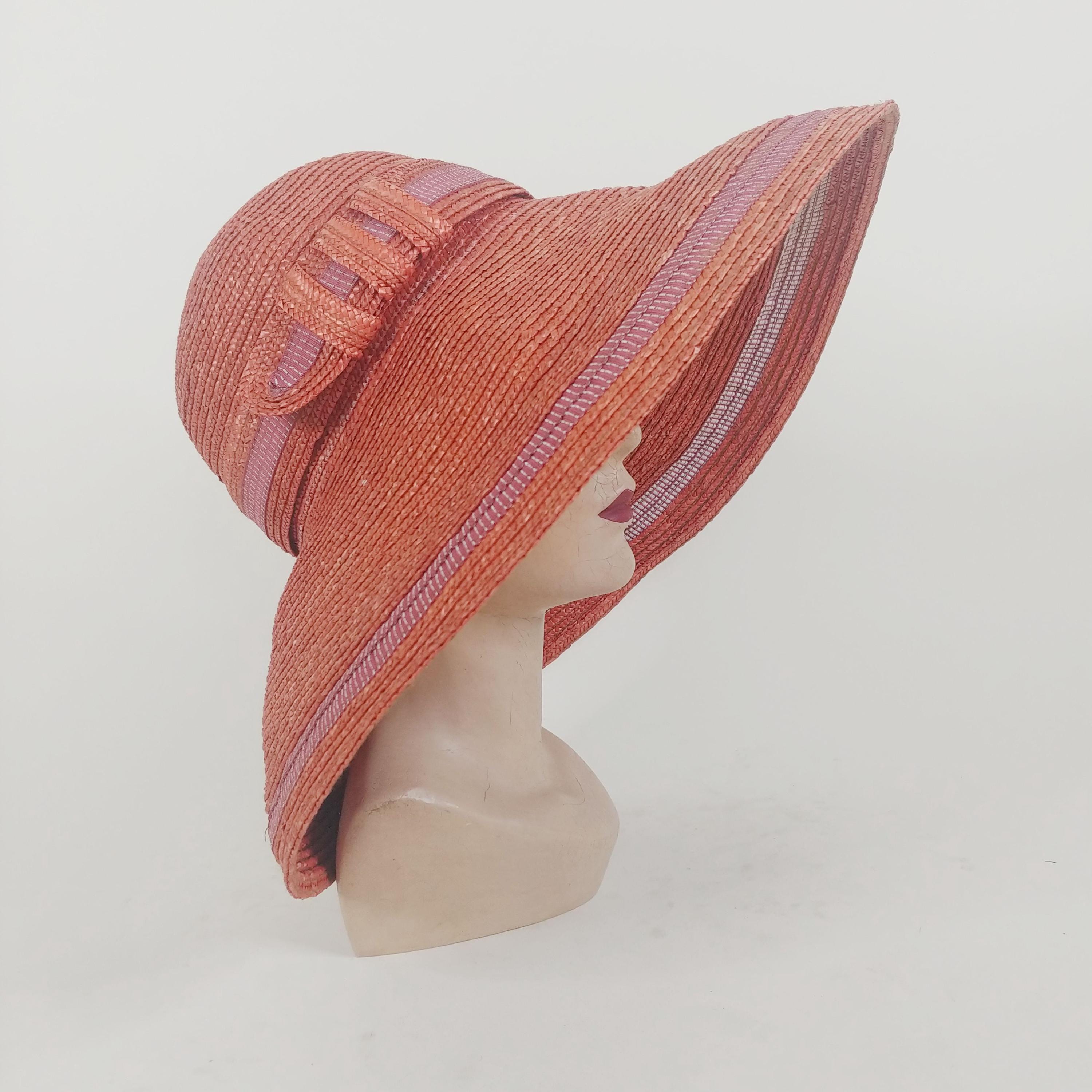 Vintage Straw Wide-Brim Hat Red Orange Vintage 1940s Red Straw Hat Wide Brim Flower Decoration  main image 4