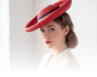 1940s Red Navy Straw Tilt Hat  | Vintage 40s Brimmed Madeleine Hat  | Women's Hats