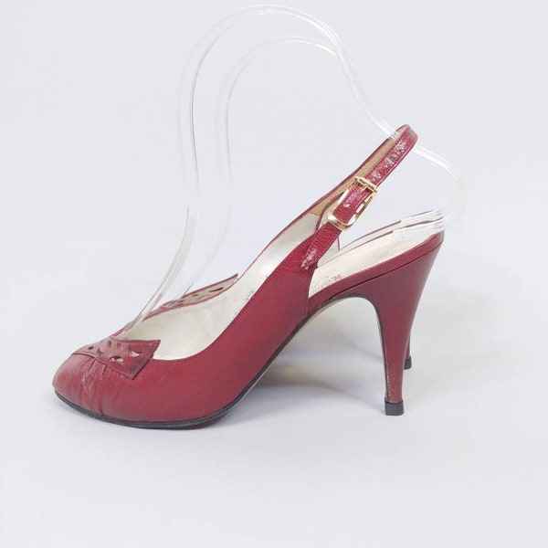 1970s Rosina Ferragamo Schiavone Oxblood Leather Stiletto Slingbacks  | Vintage 70s Dark Red Peeptoe Heels | Women's Shoes 6 M