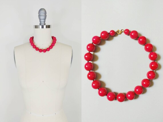 1980s Cherry Red Chunky Beaded Necklace | Vintage… - image 1